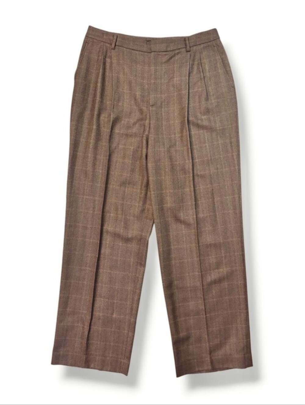 ELLEN TRACY Brown Plaid Wool Trousers High Waist Pleated Front Size 16 VINTAGE